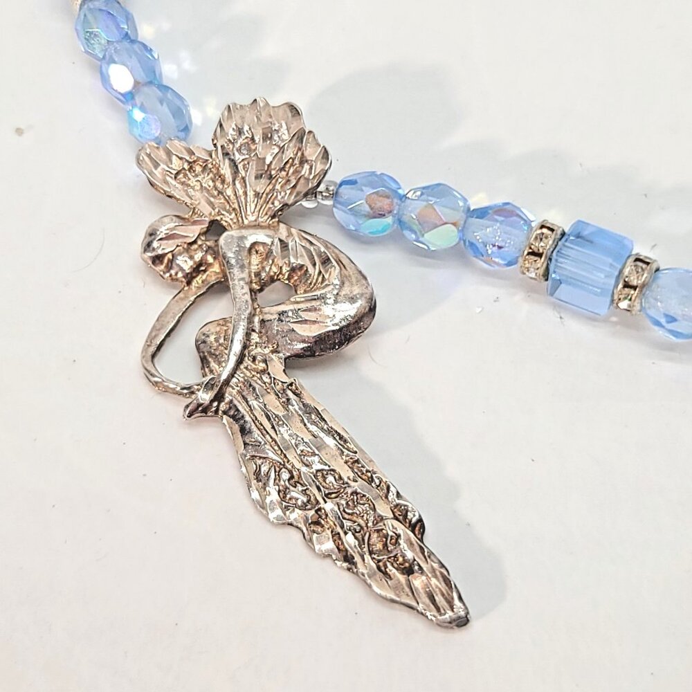 Sterling Silver 925 Winged Fairy Pendant Beaded Necklace Blue AB Crystal Stones